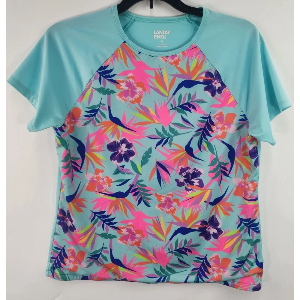 Lands' End Floral Swim Top Girl's XL Rash Guard Shirt Blue Pink Beachy Stretch
